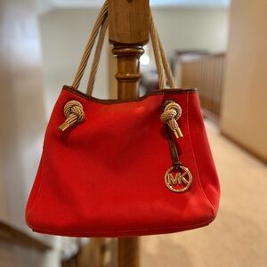 Michael Kors Marina Large Canvas Drawstring Tote Bag “Mandarin orange-red”